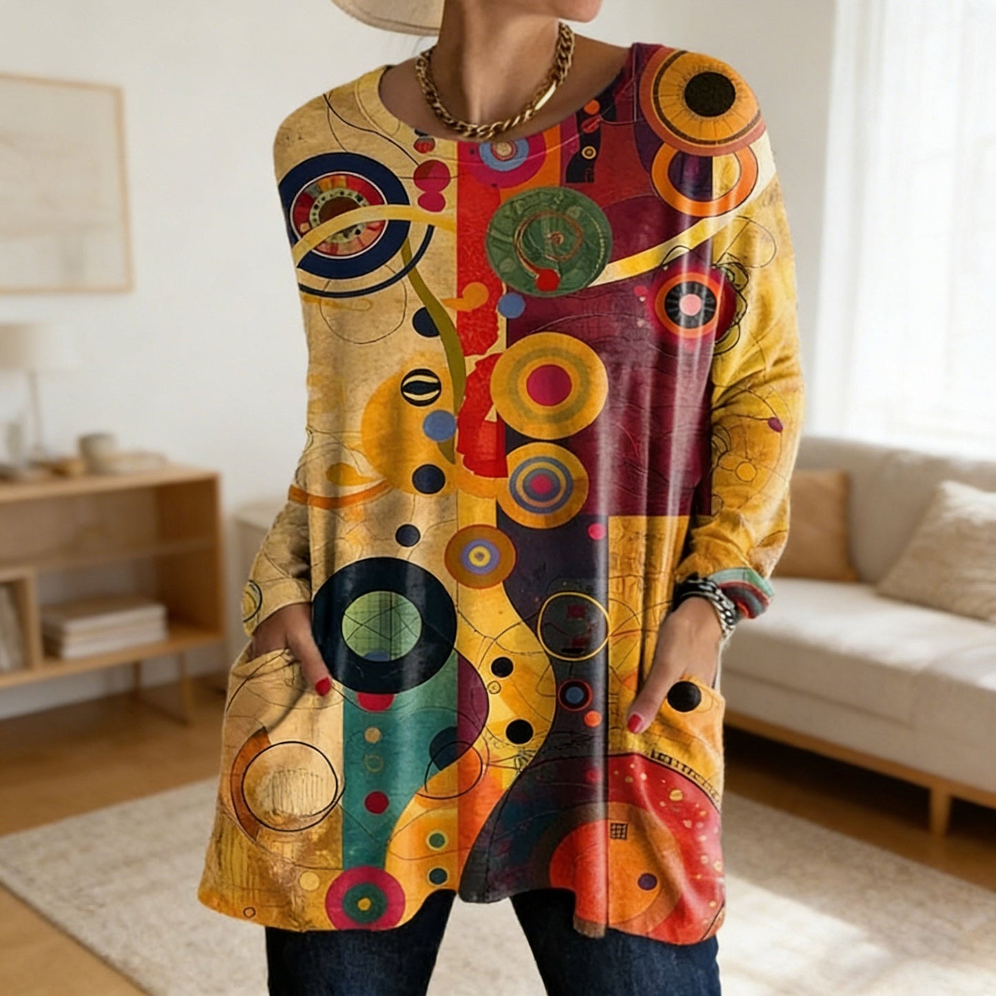 Oversized Cotton Tunic Top Long Sleeve Round Neck Casual