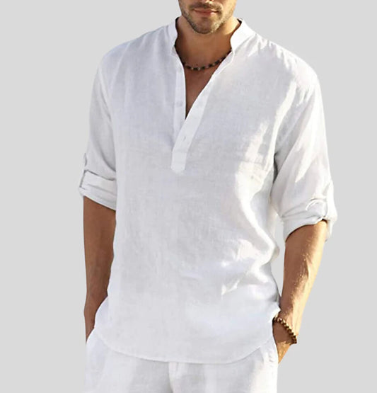 Ron Casual Loose Fit Shirt | Cotton Linen Style Henley Shirt