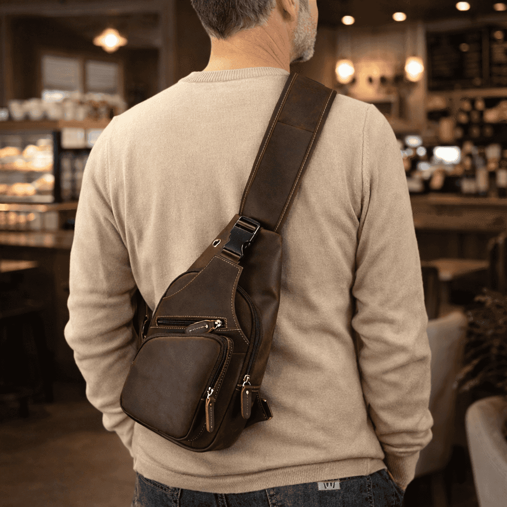Men's Leather Crossbody Bag with USB Charging Port - Premium Cowhide Sling Bag